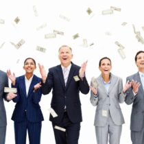 photo of business people in suits with paper money floating down