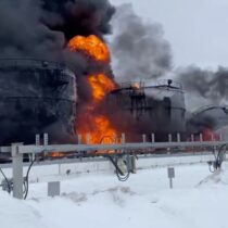 Nevsky Mazut oil depot and refinery in St. Petersburg, Russia on fire after being struck by a Ukranian long range drone