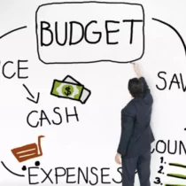 graphic of man writing on white board terms budget finance saving accounting