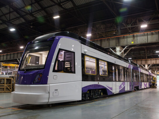 photo of first assembled purple line light rail vechicle