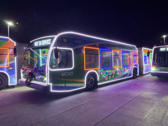 photo of Flash bus lit up for holidays