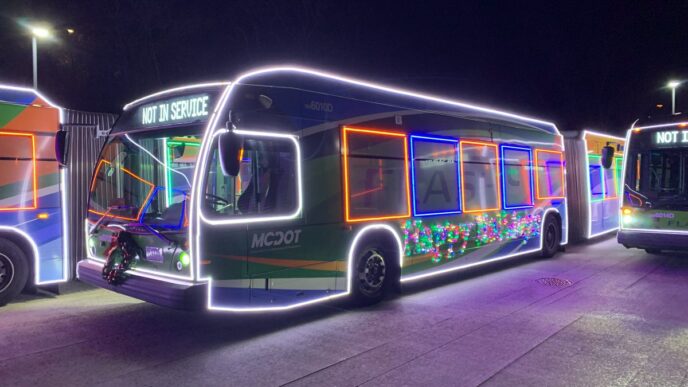 photo of Flash bus lit up for holidays