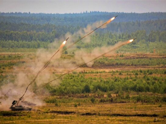 photo of a UR-77 Meteorit mine clearing vehicle throws line charges 98 yards long, which explode and detonate nearby mines in a 6-yard-wide path. The Ukrainian and Russian armies both use this AEV.