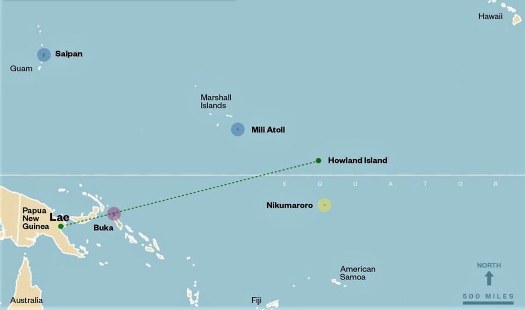map showing Amelia Earhart's last flight