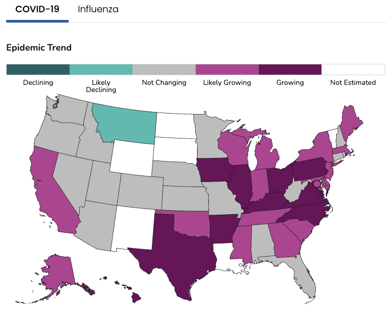 CDC COVID-19 epidemic trend Data last updated on July 16, 2025 and presented through July 15, 2025. View this dataset on data.cdc.gov.