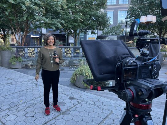 Markette Sheppard hosting "The Pulse" on location at Pike and Rose.