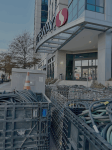 Crates of electrical cables lined up outside Safeway's front door in the aftermath of the power outage and flooding.