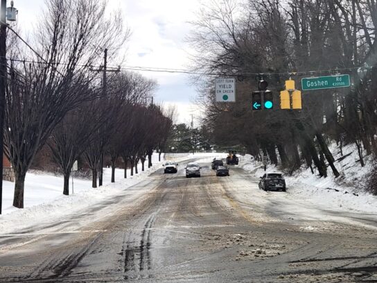 Some vehicles struggled on icy sections of the road, sliding and becoming unable to drive. This was seen on Goshen Road in Gaithersburg. Photo credit: Cristina Caicedo Smit