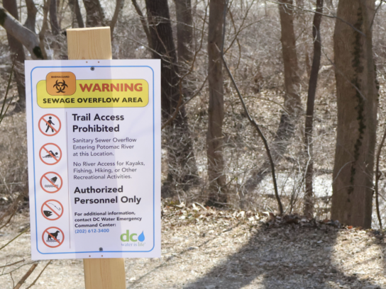 Potomac River raw sewage spill warning sign