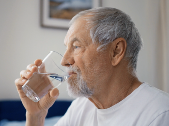 senior man drinking water in the morning