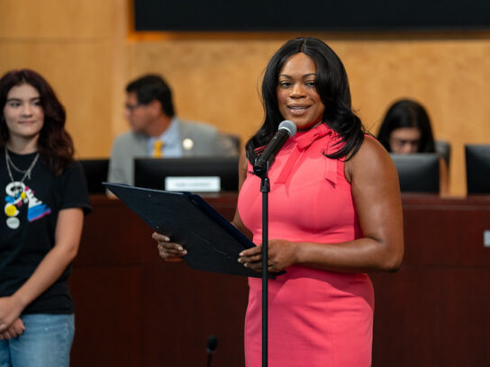 On July 16, 2024, Councilmember Laurie-Anne Sayles presents a proclamation to commemorate #WorldListeningDay and is joined by EveryMind Inc, Story Tapestries, the National Alliance on Mental Illness (NAMI) Montgomery County and the 4SW club at Northwest High School. World Listening Day takes place every year on July 18 and is dedicated to fostering understanding of the world and its natural environment, societies, and cultures through the practices of listening observation. Photo by Benjamin Sky Brandt for the Montgomery County Council.
