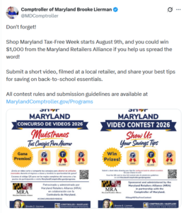 Tweet from MD Comptroller for a Tax-Free Week contest.