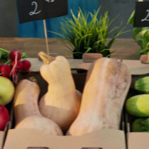 Squash, apples and vegetables in crates at a farm market stand.