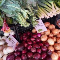 Bins of red, white and yellow onions, collard greens, chard, leeks and carrots at a Crossroads Farmers Market vendor stand, with a hand-written price sign reading "Onions Cebollas $2.99 lb."