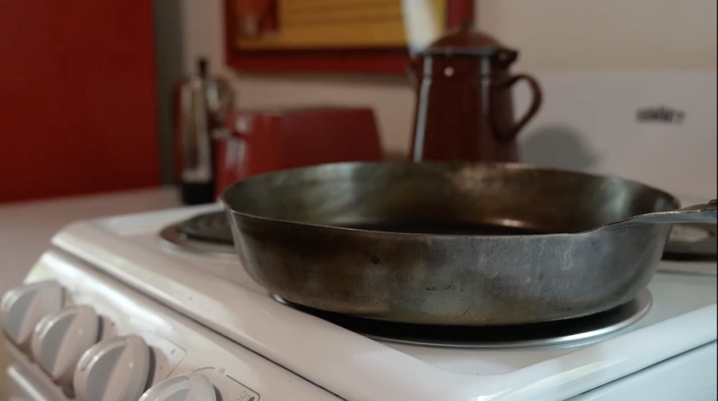 A cast iron skillet equips the kitchen of Lockhouse 8 for overnight guests ready for mealtime.