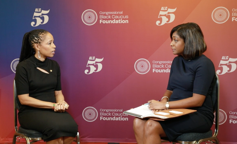 Sen. Angela Alsobrooks (D-Md.) talks with MCM's Head of News Markette Sheppard at the the Congressional Black Caucus Foundation’s 55th Annual Legislative Conference in Washington, D.C. on Sept. 18, 2026 (Photo Credit: Andrew Nguuyen)